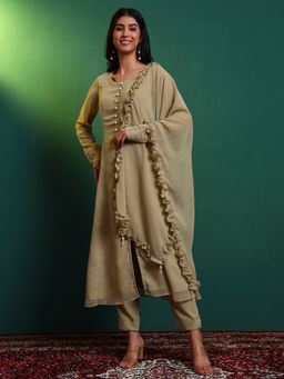 SALVIA SKY - Female Olive Cotton Solid Kurta with Pant and Dupatta