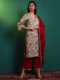 SALVIA SKY - Female Beige Cotton Embroidered Kurta with Palazzo and Dupatta