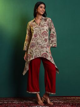 SALVIA SKY - Female Beige Cotton Embroidered Kurta with Palazzo