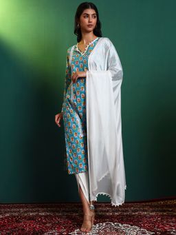 SALVIA SKY - Female Blue Cotton Floral Kurta with Pant and Dupatta