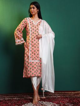 SALVIA SKY - Female Peach Cotton Floral Kurta with Pant and Dupatta