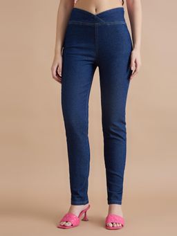 TARAMA - Pull On Criss-Cross Mid Waist Skinny Denim jeans