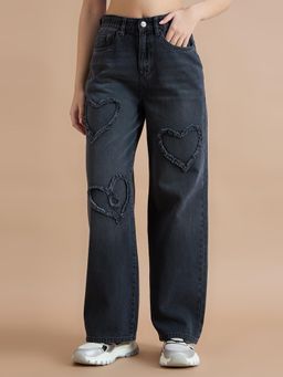TARAMA - Womens High Rise Wide Leg Distressed Heart Jeans