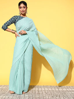 Shaily - Turquoise Blue Art Silk Solid Pleated Party Wear Saree with Unstitched Blouse
