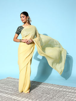 Shaily - Yellow Art Silk Solid Pleated Party Wear Saree with Unstitched Blouse