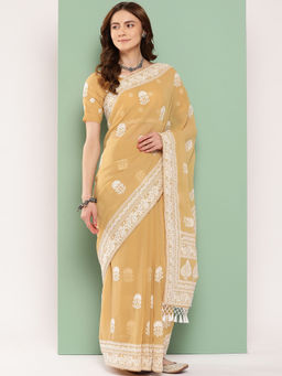 Shaily - Mustard & White Lakhnavi Chikankari Thread Work Embroidery Saree with Unstitched Blouse
