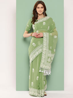 Shaily - Green & White Lakhnavi Chikankari Thread Work Embroidery Saree with Unstitched Blouse