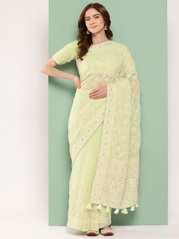 Shaily - Green & White Lakhnavi Chikankari Thread Work Embroidery Saree with Unstitched Blouse