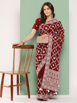 Shaily - Maroon & White Lakhnavi Chikankari Thread Work Embroidery Saree with Unstitched Blouse