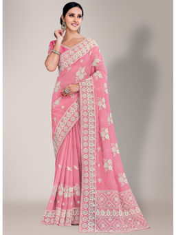 Shaily - Pink & White Lakhnavi Chikankari Thread Work Embroidery Saree with Unstitched Blouse