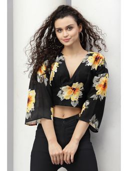 KASSUALLY - Floral Black Floral Print Flared Sleeves Crop Top