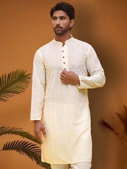 Jompers - Men Cream Pure Cotton Mandarin Neck Embroidered Kurta