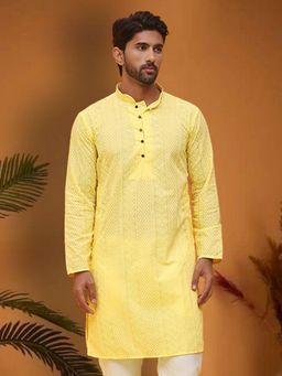 Jompers - Men Yellow Pure Cotton Mandarin Neck Embroidered Kurta