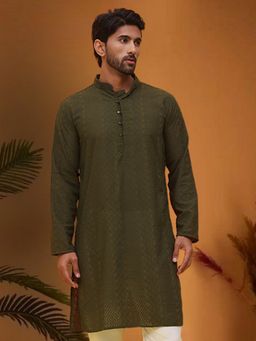 Jompers - Men Olive Pure Cotton Mandarin Neck Embroidered Kurta