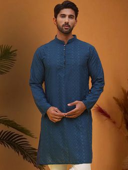 Jompers - Men Teal Pure Cotton Mandarin Neck Embroidered Kurta
