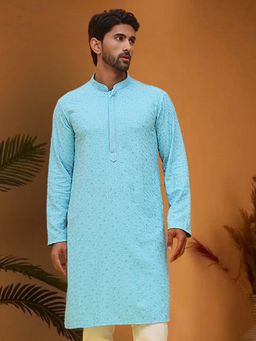 Jompers - Men Blue Pure Cotton Mandarin Neck Embroidered Kurta