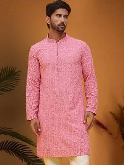 Jompers - Men Pink Pure Cotton Mandarin Neck Embroidered Kurta