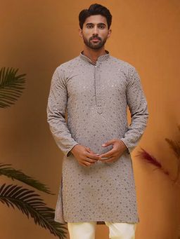 Jompers - Men Grey Pure Cotton Mandarin Neck Embroidered Kurta