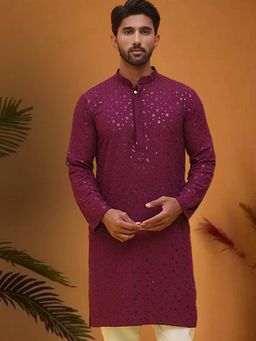 Jompers - Men Purple Pure Cotton Mandarin Neck Embroidered Kurta