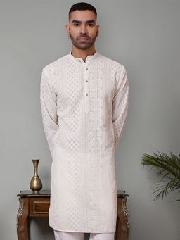 Jompers - Men White Georgette Mandarin Neck Embroidered Kurta
