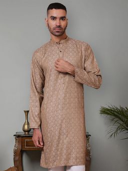Jompers - Men Brown Cotton Mandarin Neck Woven Kurta