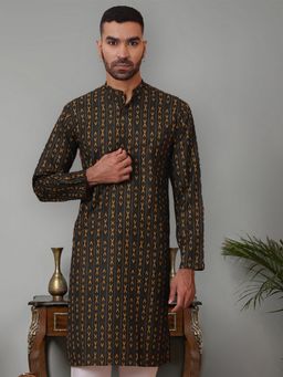 Jompers - Men Green Cotton Mandarin Neck Geometric Kurta