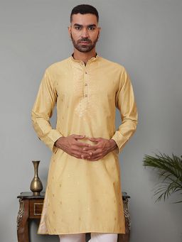 Jompers - Men Yellow Cotton Mandarin Neck Woven Kurta