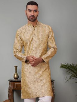 Jompers - Men Gold Jacquard Mandarin Neck Paisley Kurta