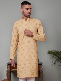 Jompers - Men Yellow Viscose Rayon Mandarin Neck Embroidered Kurta
