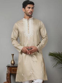 Jompers - Men Beige Cotton Silk Mandarin Neck Embroidered Kurta