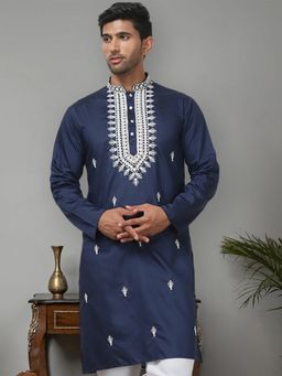 Jompers - Men Navy Blue Cotton Silk Mandarin Neck Embroidered Kurta