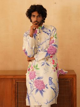 Jompers - Men Beige Cotton Mandarin Neck Printed Kurta