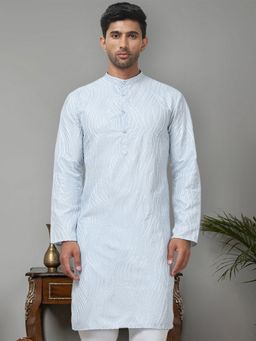 Jompers - Men Blue Cotton Mandarin Neck Embroidered Kurta