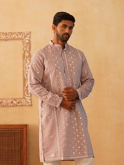 Jompers - Men Peach Cotton Mandarin Neck Embroidered Kurta