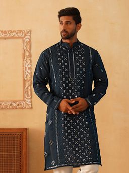 Jompers - Men Teal Cotton Mandarin Neck Embroidered Kurta