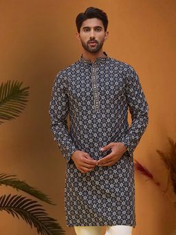 Jompers - Men Teal Viscose Rayon Mandarin Neck Embroidered Kurta