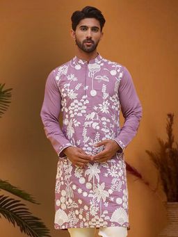 Jompers - Men Lavender Silk Blend Mandarin Neck Embroidered Kurta