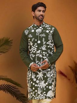 Jompers - Men Green Silk Blend Mandarin Neck Embroidered Kurta