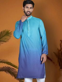Jompers - Men Blue Cotton Blend Mandarin Neck Ombre Kurta