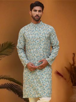 Jompers - Men Green Cotton Blend Mandarin Neck Geometric Kurta