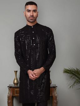 Jompers - Men Black Viscose Rayon Mandarin Neck Embroidered Kurta