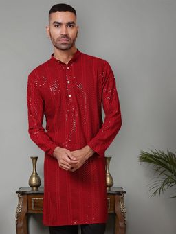 Jompers - Men Maroon Viscose Rayon Mandarin Neck Embroidered Kurta