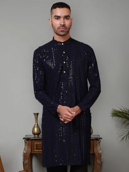 Jompers - Men Navy Blue Viscose Rayon Mandarin Neck Embroidered Kurta