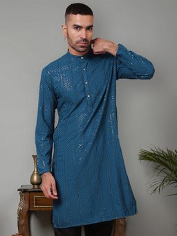 Jompers - Men Blue Viscose Rayon Mandarin Neck Embroidered Kurta