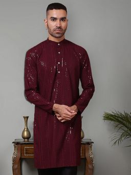 Jompers - Men Purple Viscose Rayon Mandarin Neck Embroidered Kurta