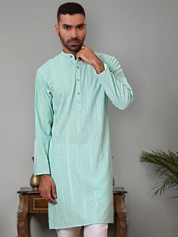 Jompers - Men Blue Viscose Rayon Mandarin Neck Embroidered Kurta