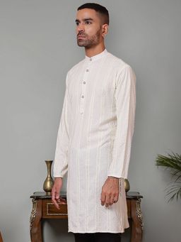 Jompers - Men White Viscose Rayon Mandarin Neck Embroidered Kurta