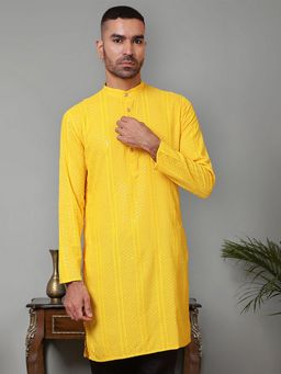 Jompers - Men Yellow Viscose Rayon Mandarin Neck Embroidered Kurta