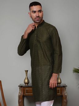 Jompers - Men Olive Cotton Mandarin Neck Embroidered Kurta