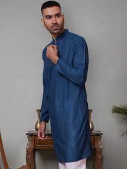 Jompers - Men Teal Cotton Mandarin Neck Embroidered Kurta